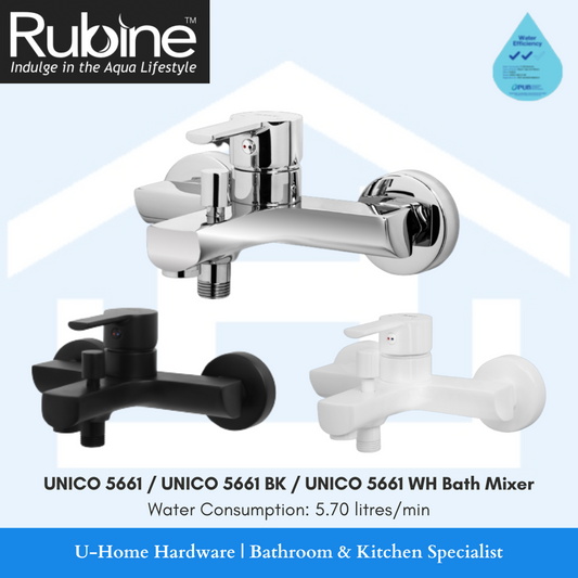 A promotional image of RUBINE UNICO bath mixers, showing two faucets in chrome and enamelled white colors with a graphic indicating water consumption of 5.7 liters per minute.