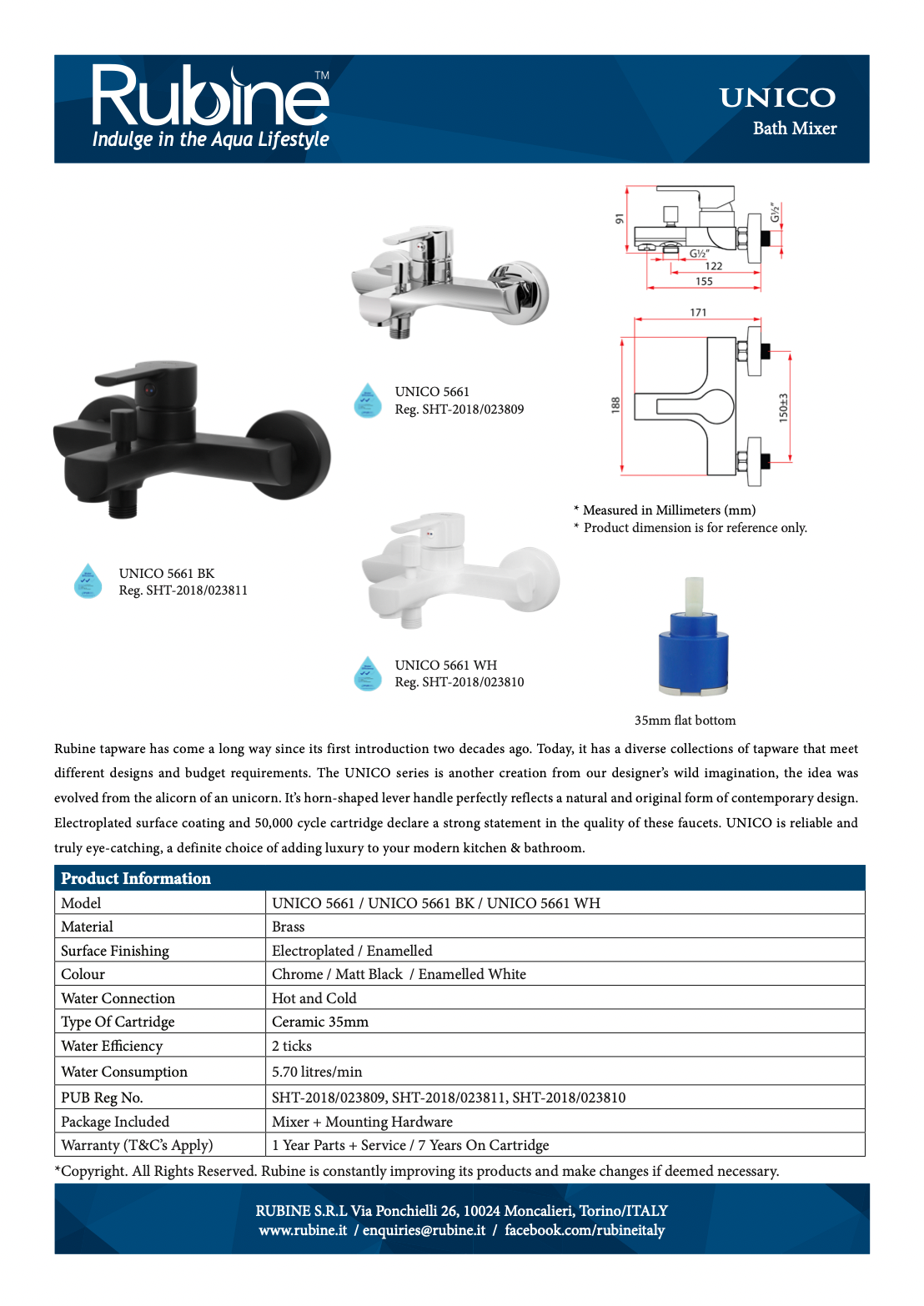 RUBINE UNICO 5661/5661 BK/5661 WH Bath Mixer specifications dimensions