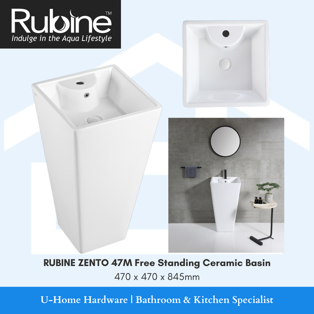 A white, square-shaped RUBINE ZENTO 47M free standing ceramic basin with high gloss finish, shown in different settings to indicate its versatility in use, accompanied by a bathroom fixture with a round mirror above it.