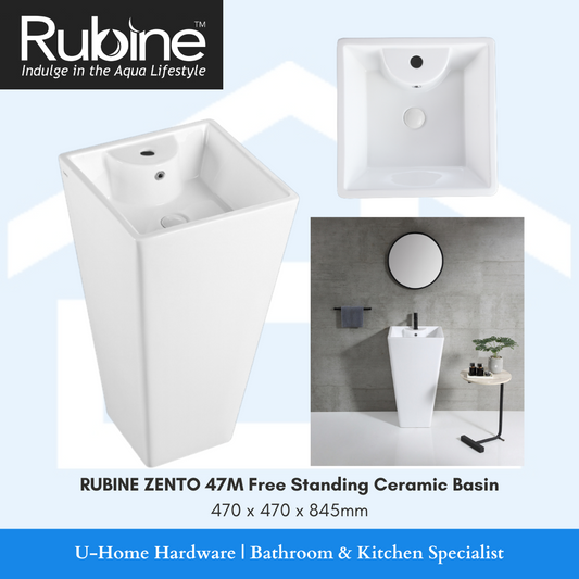 A white, square-shaped RUBINE ZENTO 47M free standing ceramic basin with high gloss finish, shown in different settings to indicate its versatility in use, accompanied by a bathroom fixture with a round mirror above it.