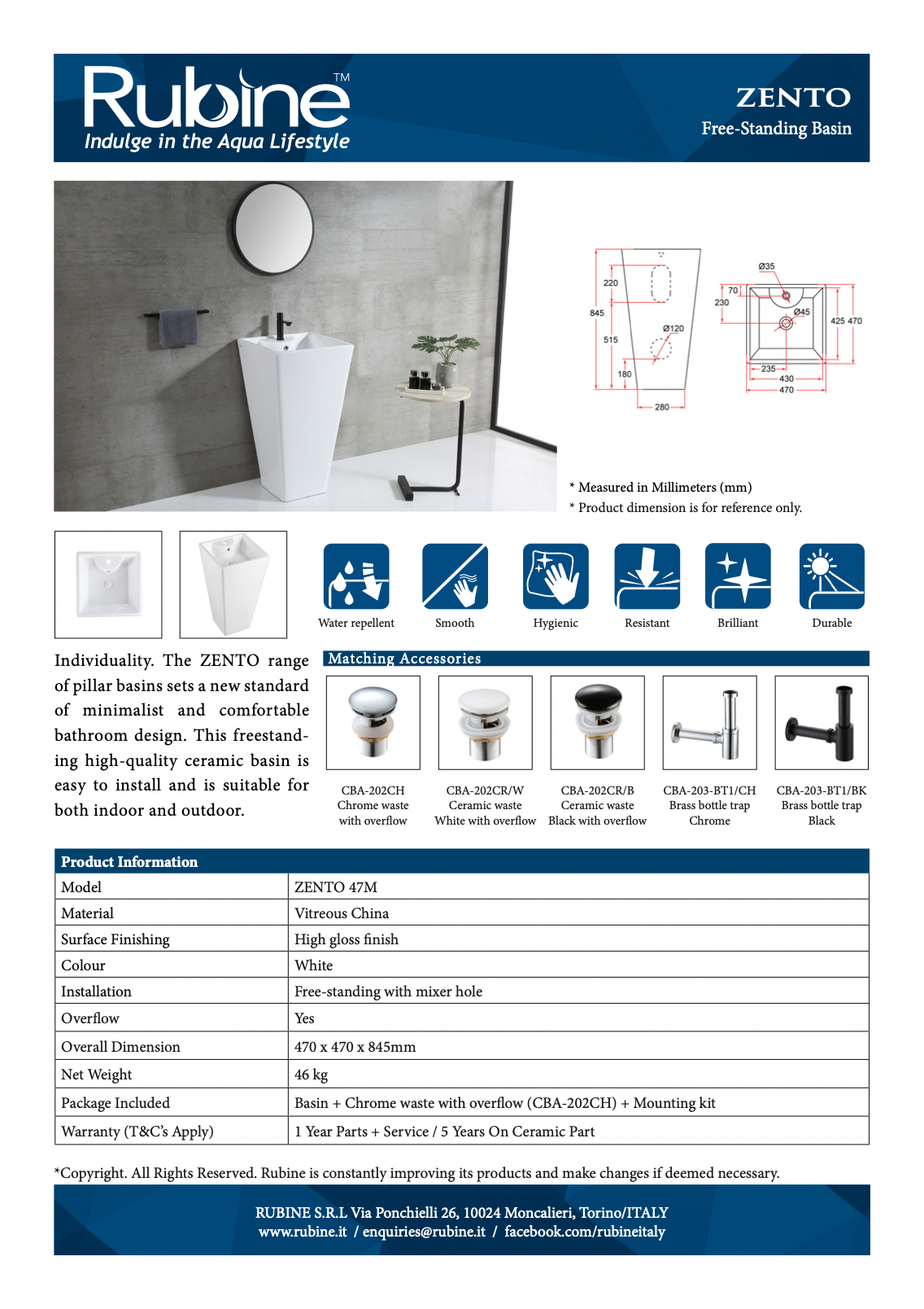 product information of RUBINE ZENTO 47M Free Standing Basin (Ceramic)