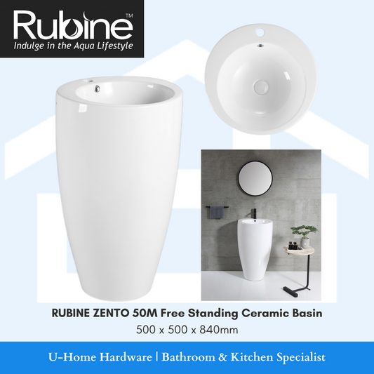 The image shows a white, high gloss finish, free standing ceramic basin by Rubine. The basin has a cylindrical shape with a flared base and is depicted in two angles, highlighting its design and shape.