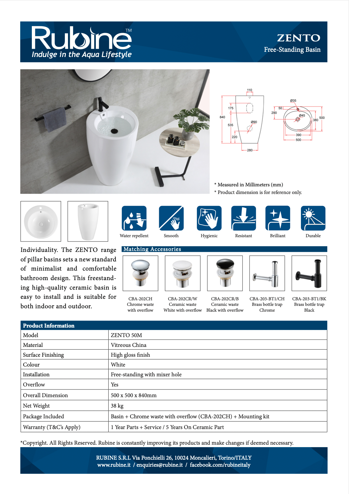 RUBINE ZENTO 50M Free Standing Basin product information