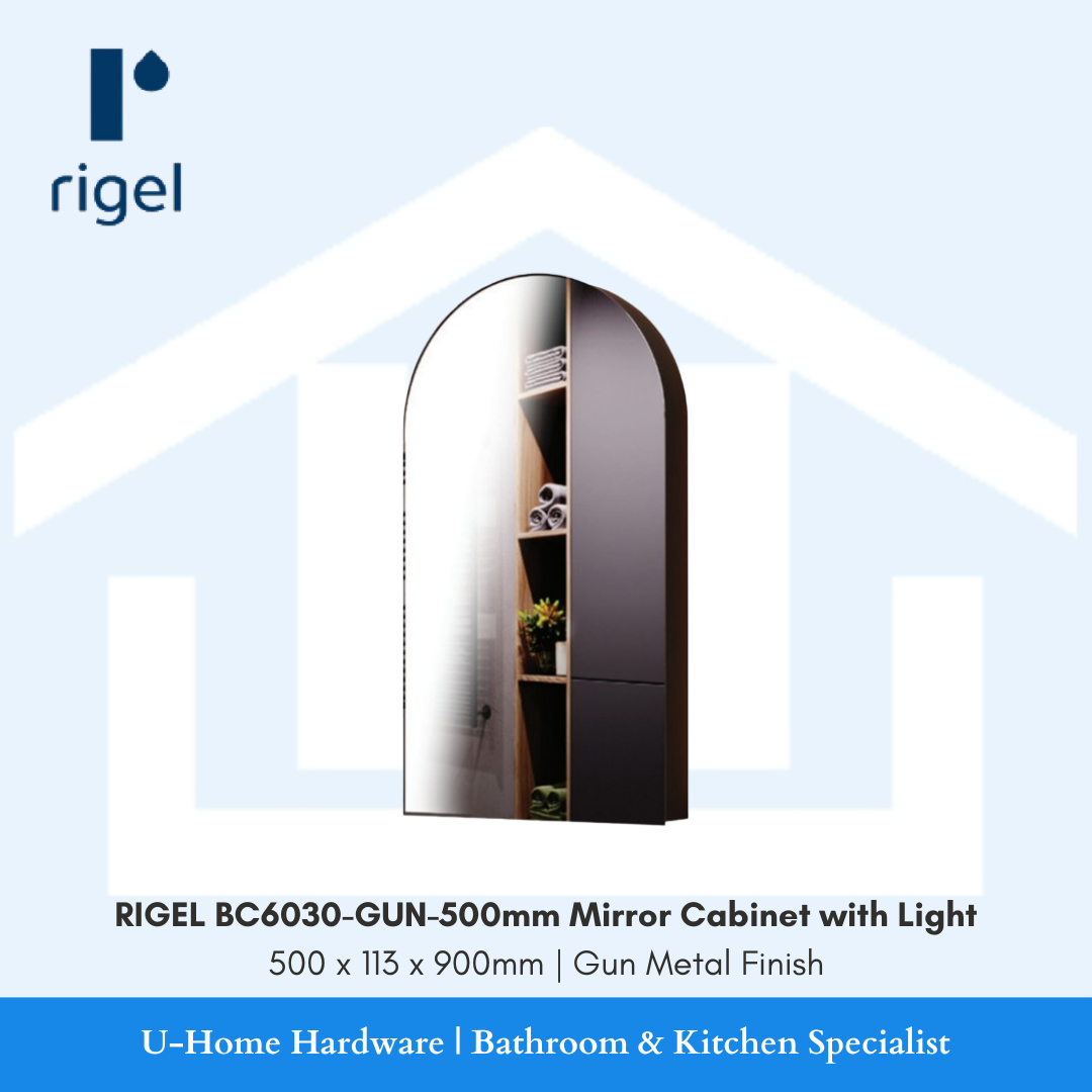 Rigel BC6030 GUN 500mm arched LED mirror cabinet in gunmetal finish for Singapore bathrooms