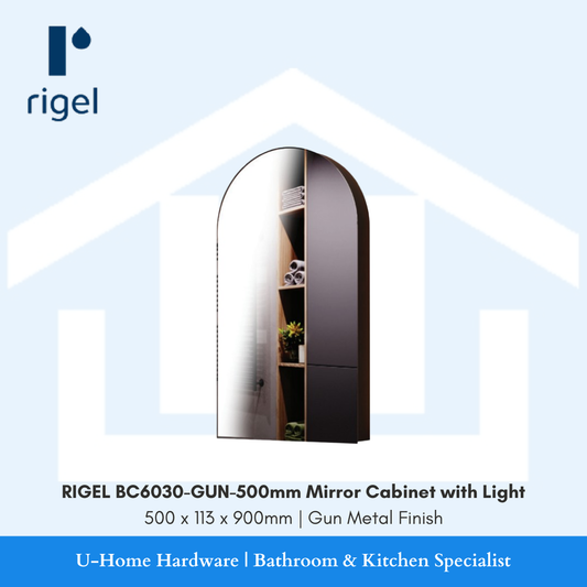 Rigel BC6030 GUN 500mm arched LED mirror cabinet in gunmetal finish for Singapore bathrooms
