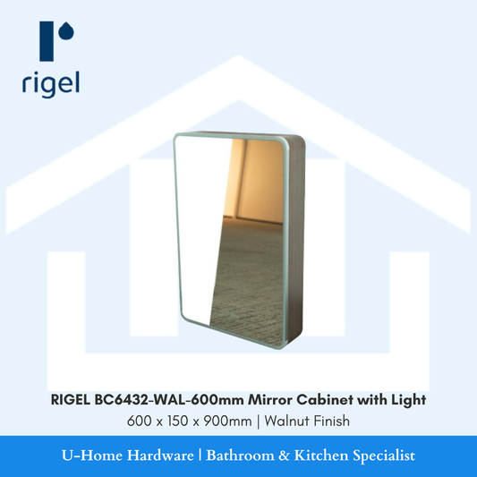Rigel BC6432 WAL 600mm solid wood LED mirror cabinet in walnut finish for Singapore bathrooms
