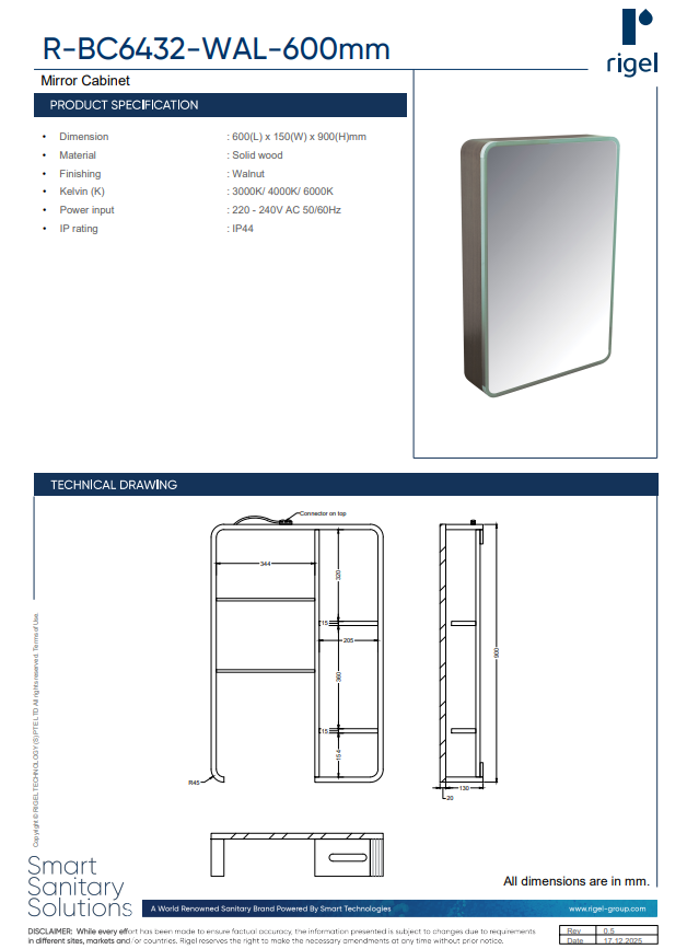 Technical specifications and design drawing of a Rigel mirror cabinet with dimensions 600mm.