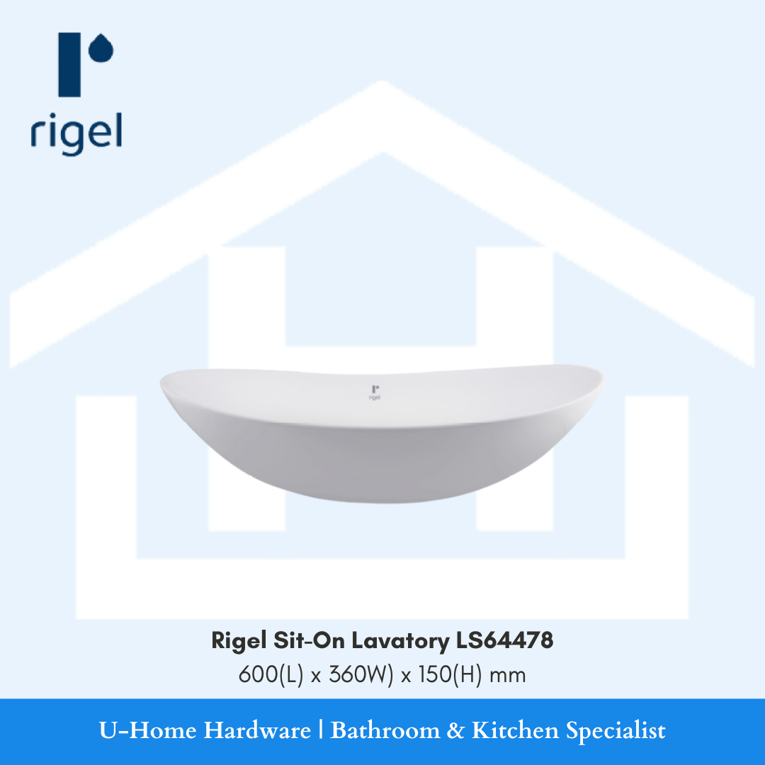 Front view of the RIGEL LS64478 sit-on lavatory, showcasing its crisp rectangular edges and the brilliant high-gloss white ceramic finish.