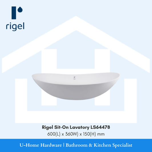 Front view of the RIGEL LS64478 sit-on lavatory, showcasing its crisp rectangular edges and the brilliant high-gloss white ceramic finish.