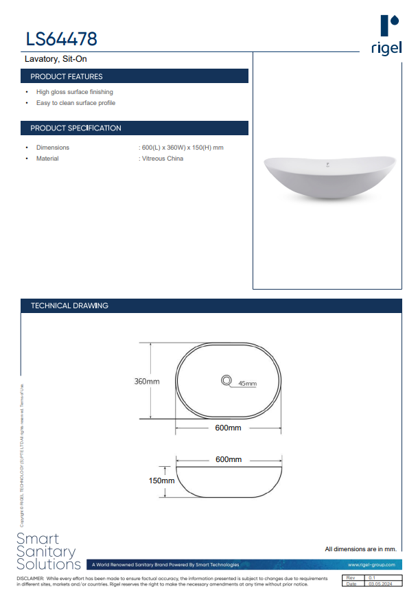 Rigel Sit-On Lavatory LS64478 Top Mount Basin product specifications, product features, and technical drawings.