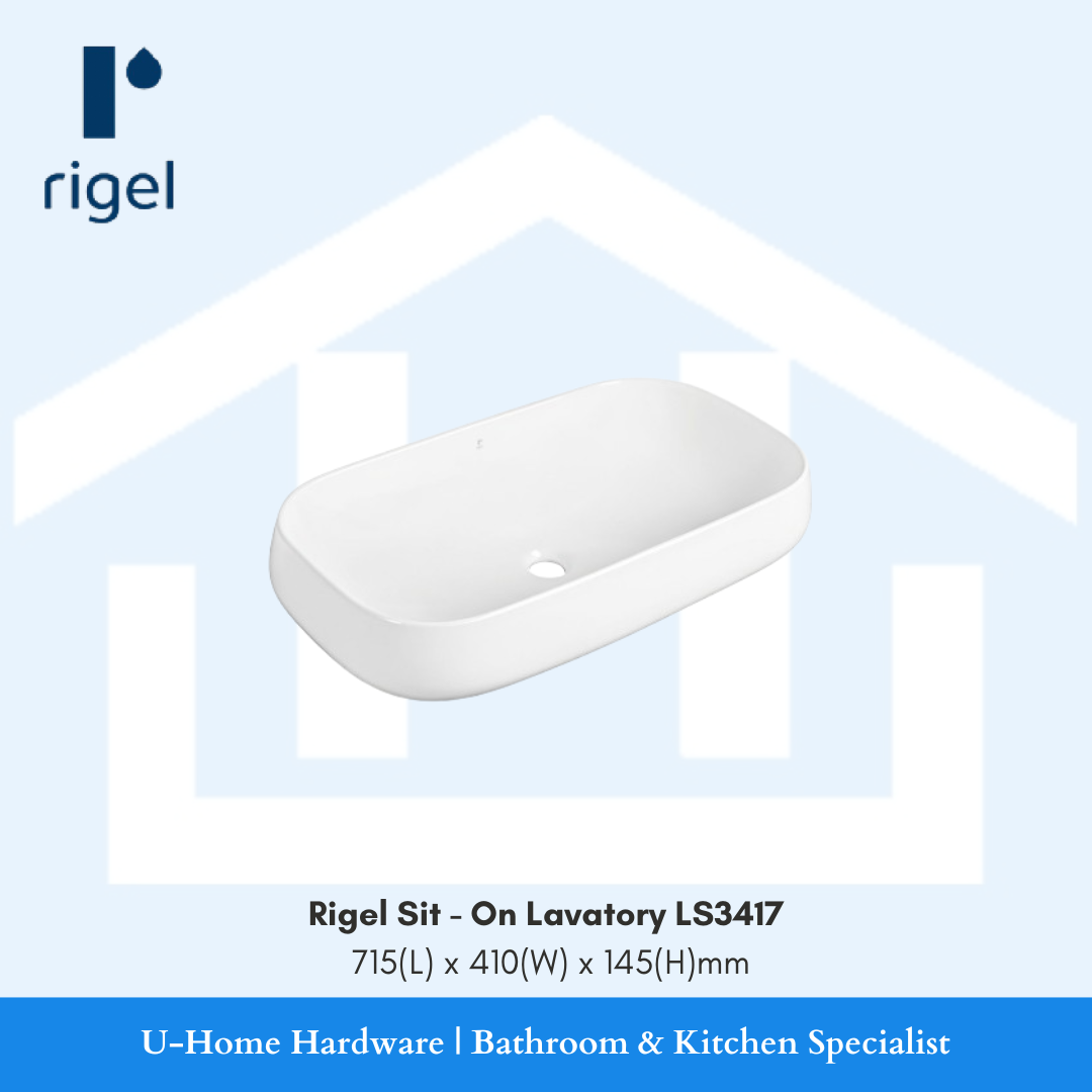 Side angle view of the RIGEL LS3417 oval countertop basin, highlighting the elegant 145mm height and the gentle, seamless curvature of the vitreous china.