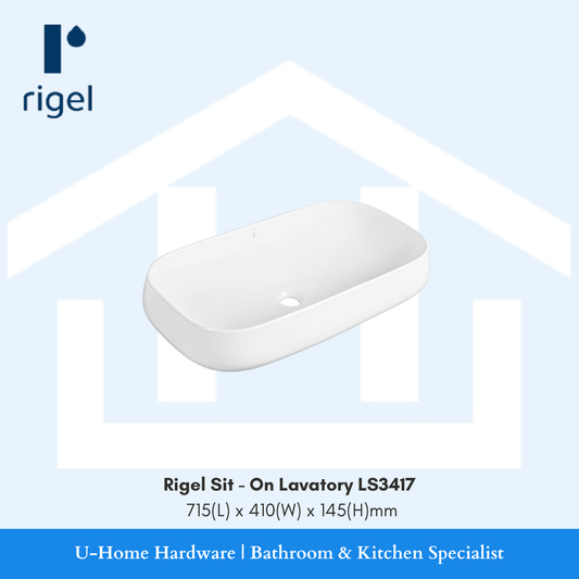 Side angle view of the RIGEL LS3417 oval countertop basin, highlighting the elegant 145mm height and the gentle, seamless curvature of the vitreous china.