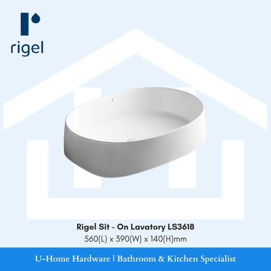 Side angle view of the RIGEL LS3618 sit-on basin, highlighting the elegant $140\text{mm}$ height and the smooth, professional vitreous china construction.