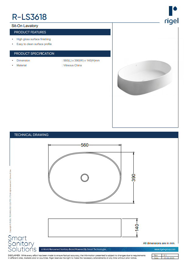 Rigel Sit - On Lavatory LS3618
 product features, product specifications and technical drawings.