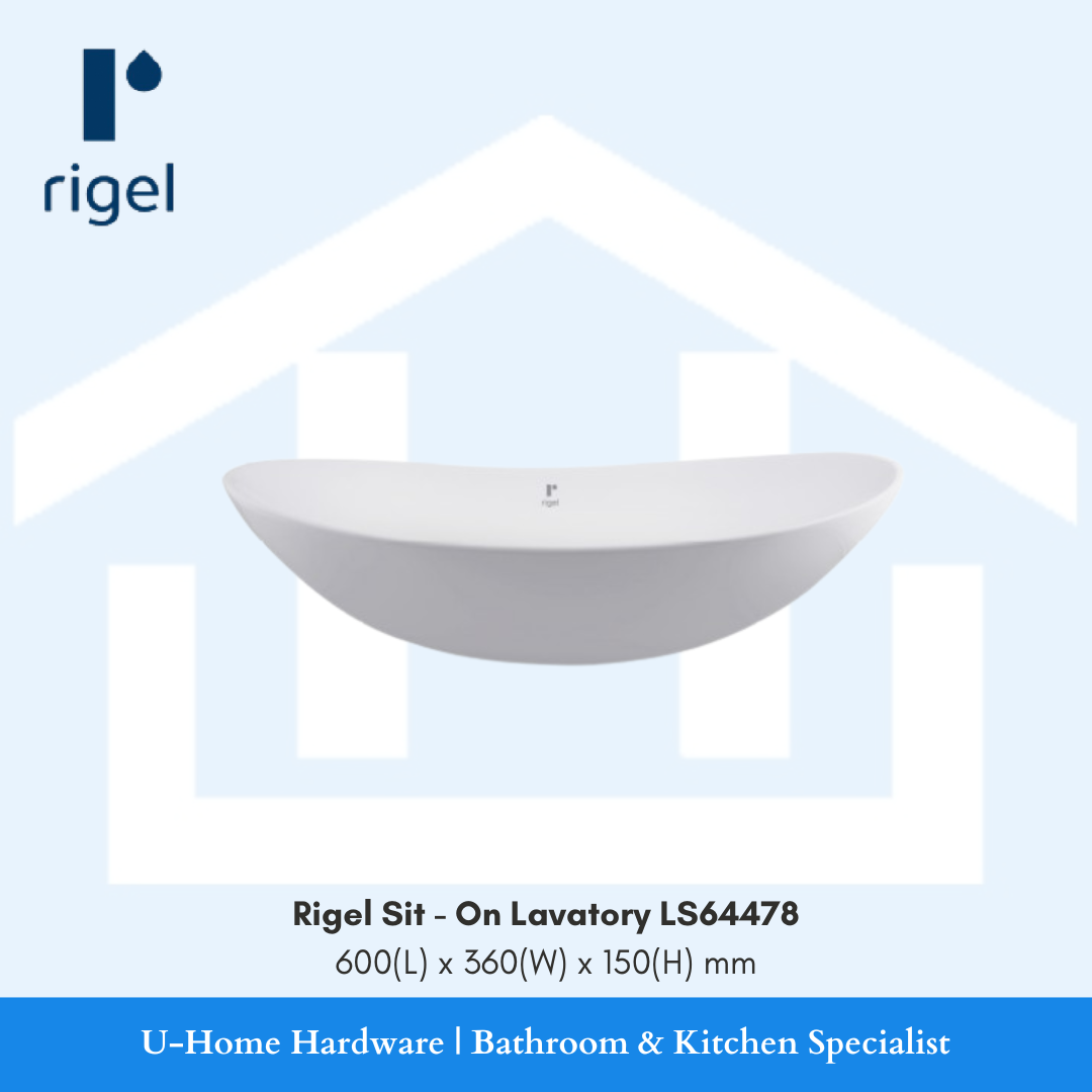 Front view of the RIGEL LS64478 sit-on lavatory, showcasing its brilliant high-gloss white finish.