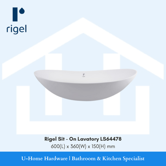 Front view of the RIGEL LS64478 sit-on lavatory, showcasing its brilliant high-gloss white finish.
