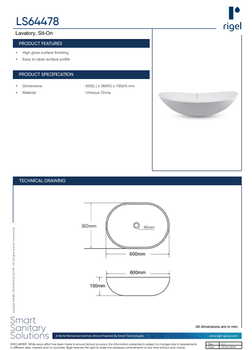 Rigel Sit - On Lavatory LS64478 product features, product specifications and technical drawings.