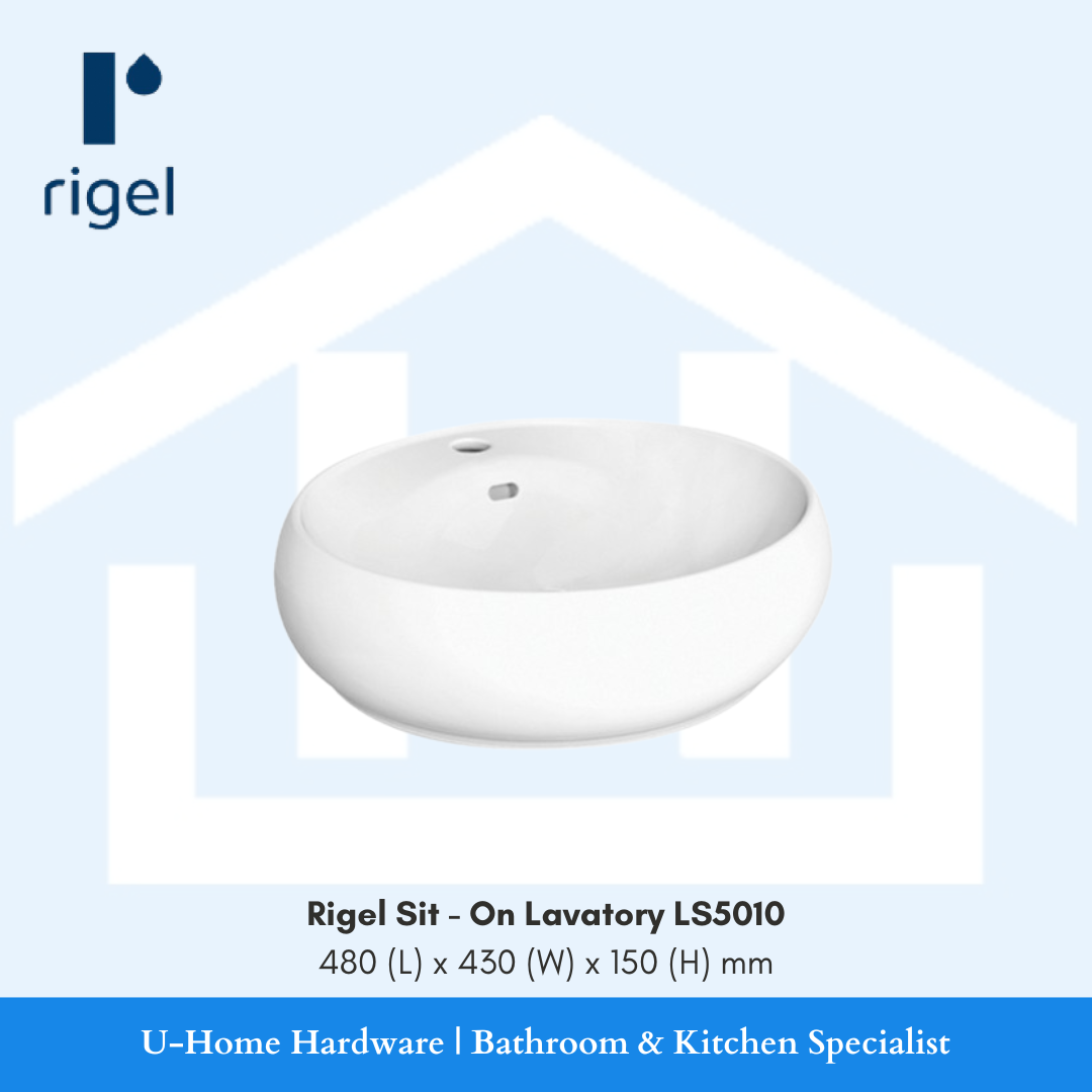 White oval sink with Rigel branding Rigel Sit - On Lavatory LS5010