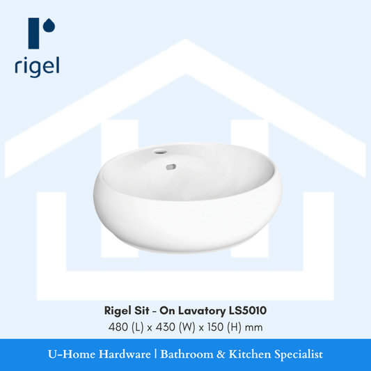 White oval sink with Rigel branding Rigel Sit - On Lavatory LS5010