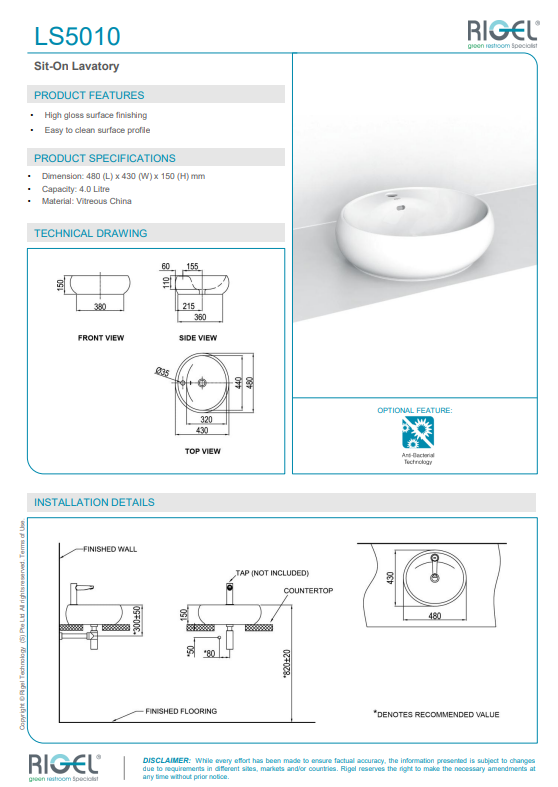 Technical specifications and installation details of a RIGEL LS5010 sit-on lavatory.
