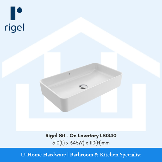 White rectangular sink with Rigel branding 