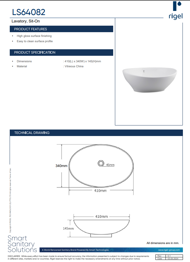 technical drawing of Rigel Sit On Lavatory Top Mount Basin LS64082\