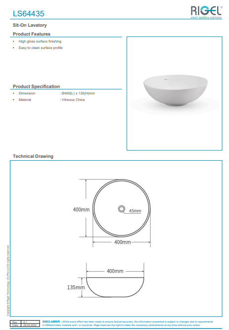 Rigell S1-On Lavatory product details with dimensions and features.