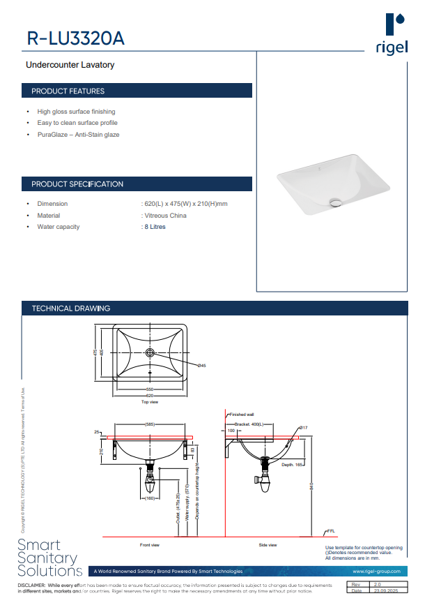 Rigel Undercounter Lavatory LU3320A product features, product specifications and technical drawings.