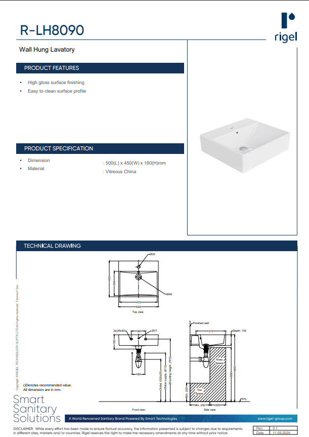 Rigel Wall-Hung Lavatory LH8090 product specifications, product features, and technical drawings.