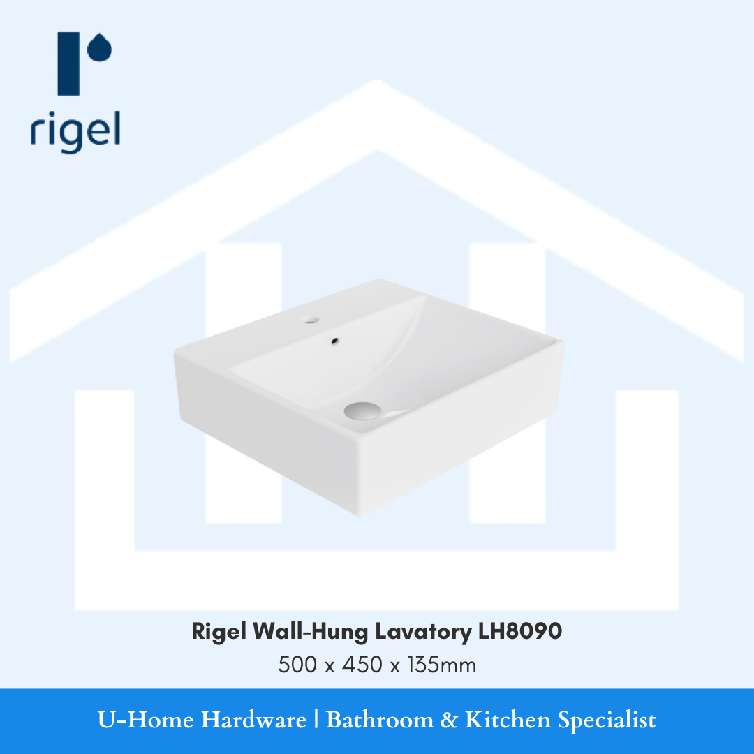 Side angle view of the RIGEL LH8090 wall-hung basin, highlighting the slim 135mm height and the smooth, rounded corners of the premium ceramic body.