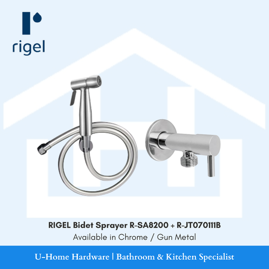 Side angle view of the SA8200 bidet sprayer connected to its flexible hose, highlighting the sturdy nut connectors and the sleek, easy-grip handle.