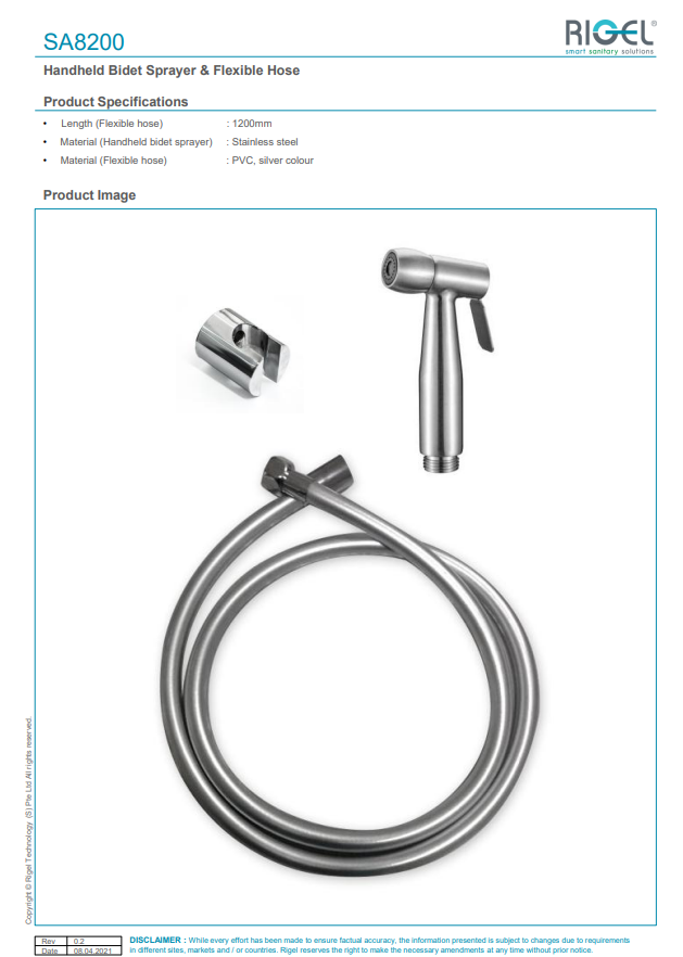 SA8200 Handheld Bidet Sprayer & Flexible Hose product specifications and product image.