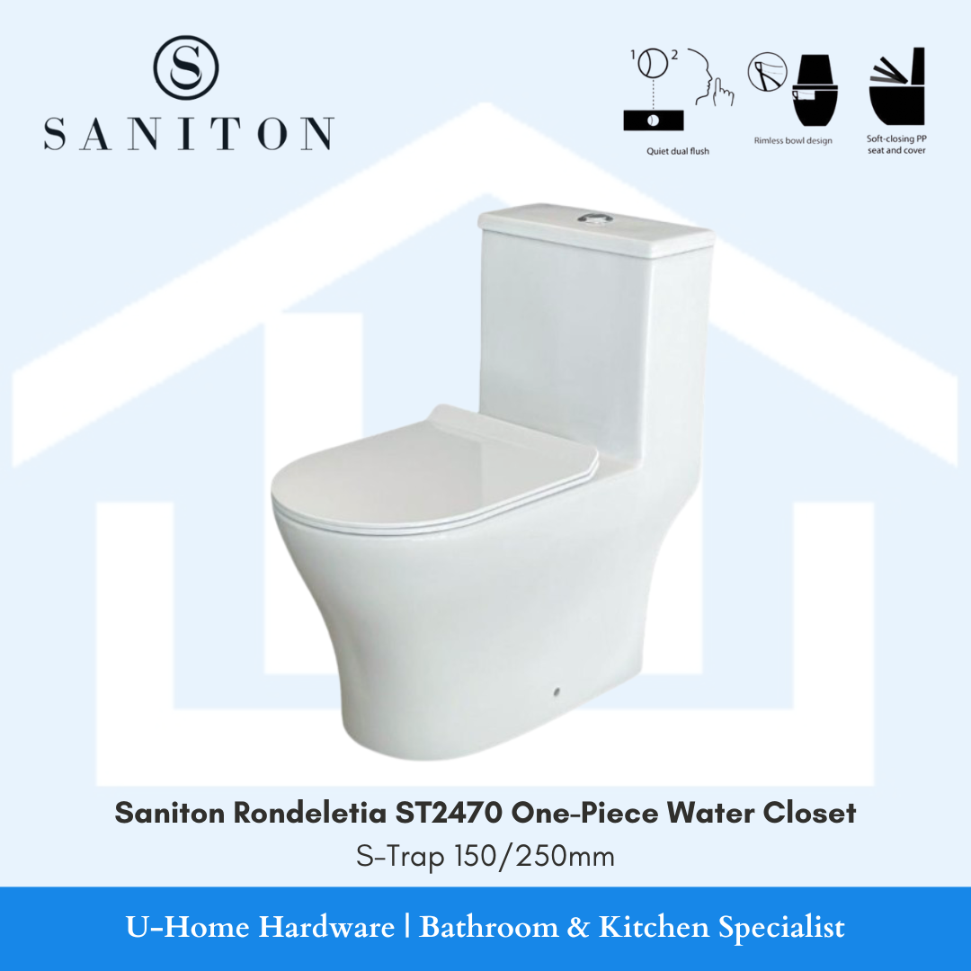 White one-piece water closet with Saniton branding on a light blue background

saniton st2470 one piece toilet bowl