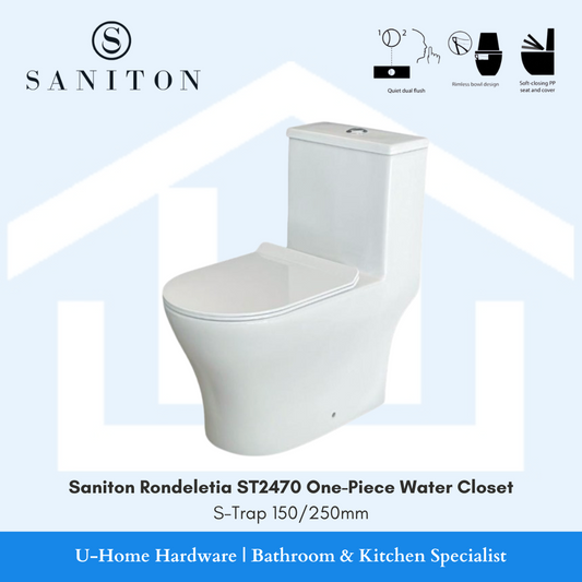 White one-piece water closet with Saniton branding on a light blue background

saniton st2470 one piece toilet bowl