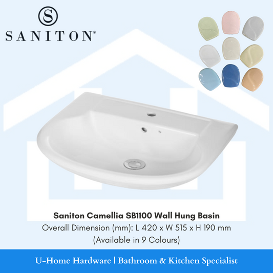A white wall hung basin from Saniton, Camellia SB1100, with a view of available color options in a separate pane.