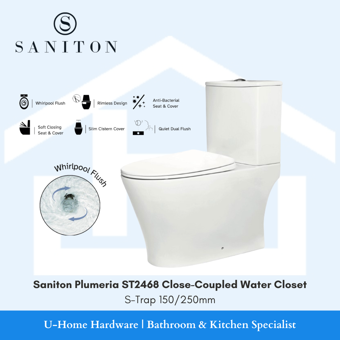 SANITON Plumeria ST2468 Close Coupled Water Closet (Whirlpool Flush) specifications. rimless design anti bacterial seat and cover soft closing, slim cistern cover, outlet dual flush