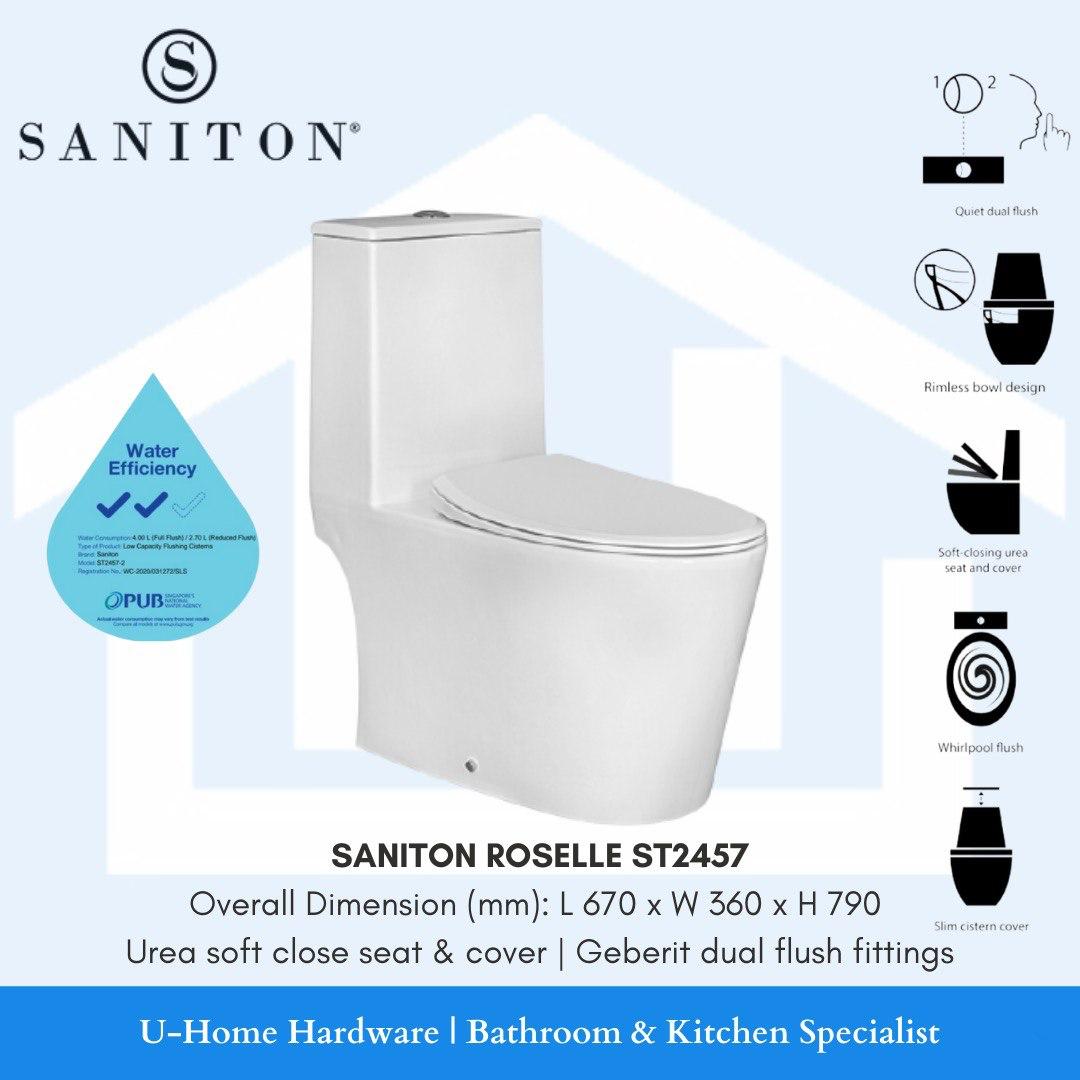 SANITON ROSELLE ST2457 toilet bowl in white color, featuring a high-efficiency design with soft-closing seat and cover, and a whirlpool flush system. Includes a graphic indicating a 10-year warranty.