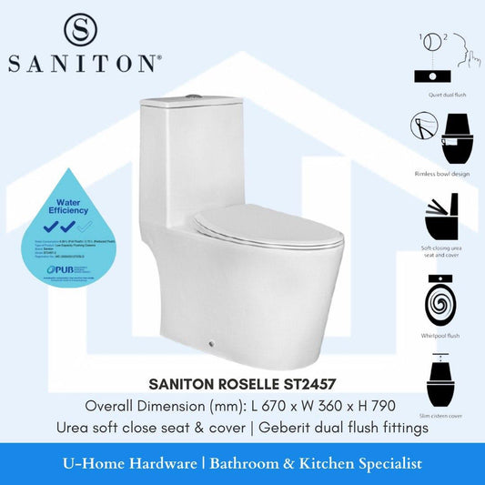 SANITON ROSELLE ST2457 toilet bowl in white color, featuring a high-efficiency design with soft-closing seat and cover, and a whirlpool flush system. Includes a graphic indicating a 10-year warranty.