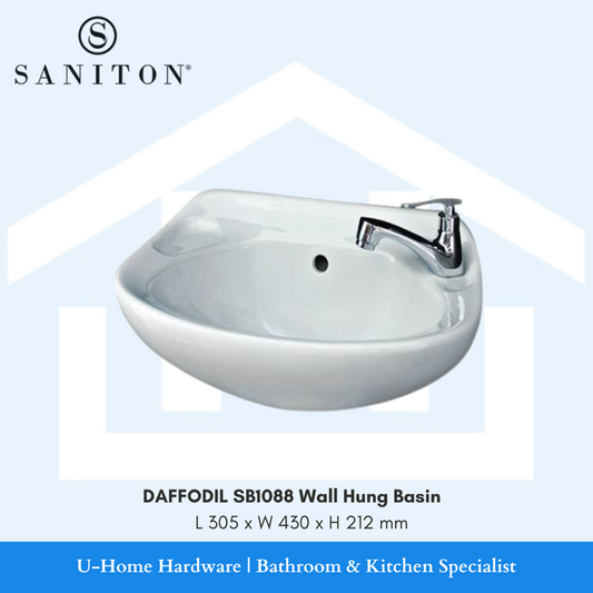 Wall hung basin by Saniton, white in color, with a silver faucet, against a light background.