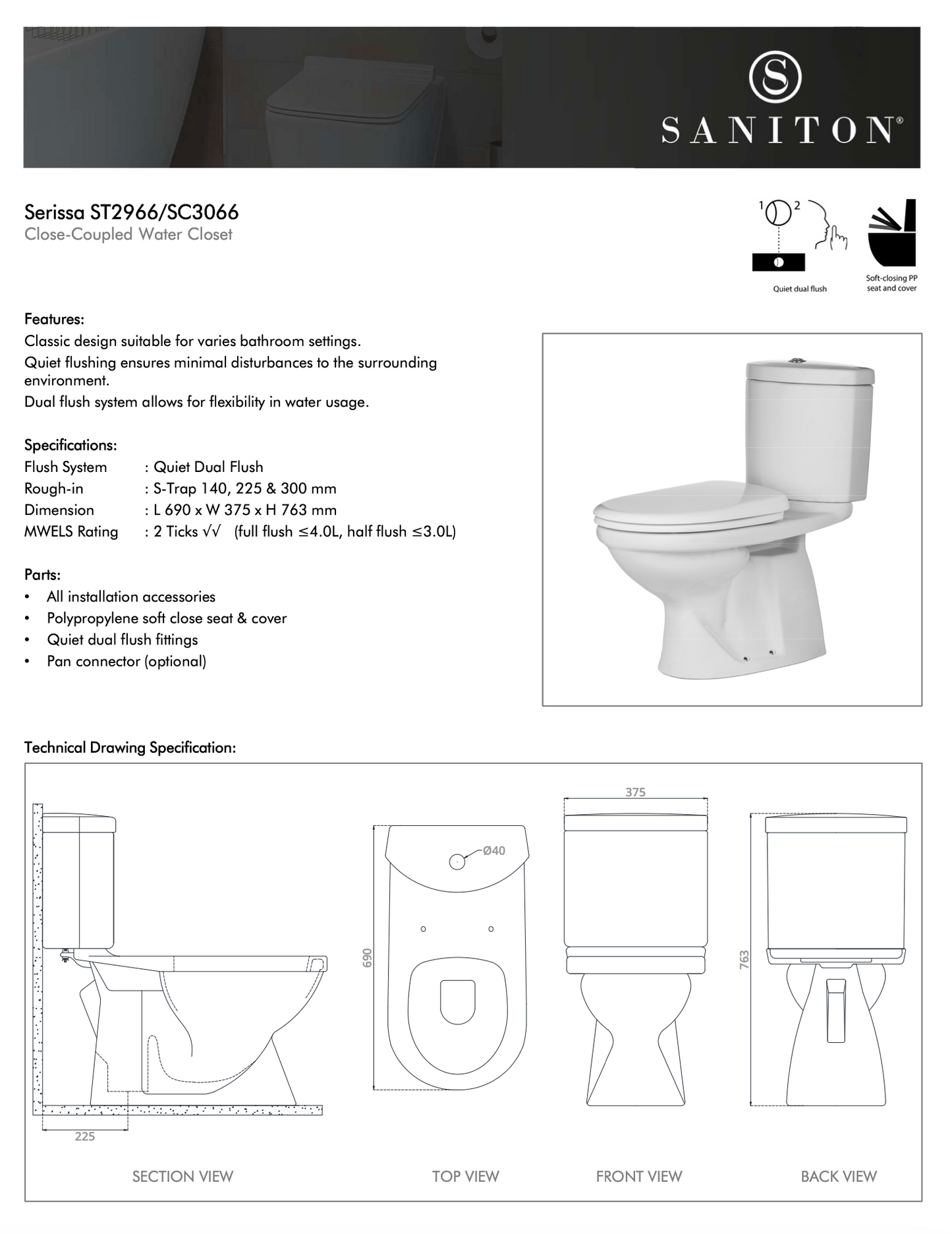 SANITON Serissa ST2966 Two-Piece Toilet Bowl (Available in S-Trap 140, 225, 300mm)
specs measurements