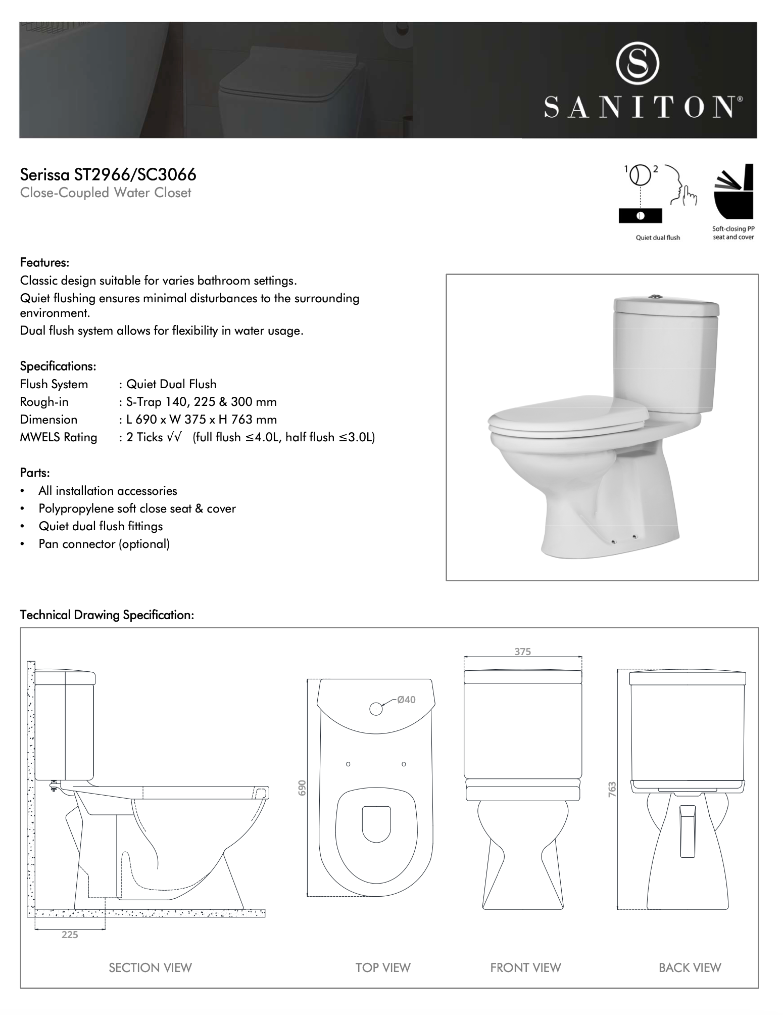 SANITON Serissa ST2966 Two-Piece Toilet Bowl (Available in S-Trap 140, 225, 300mm)
specs measurements