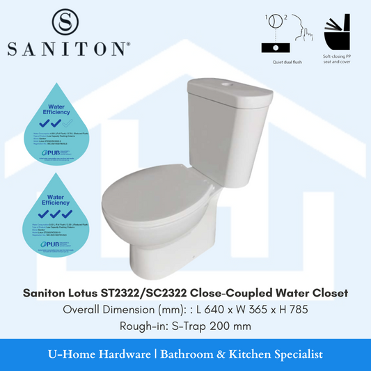 A white ceramic close-coupled water closet from Saniton 2 tick efficiency water efficiency quiet dual flush soft closing PP seat and cover