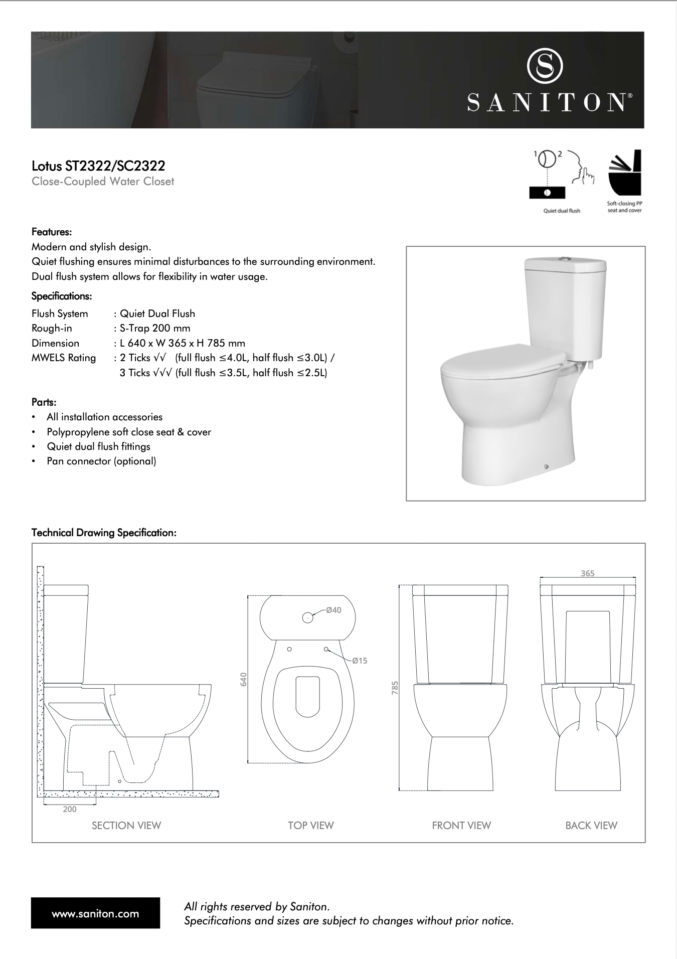 Saniton Lotus ST2322/SC2322 Close-Coupled Water Closet specs