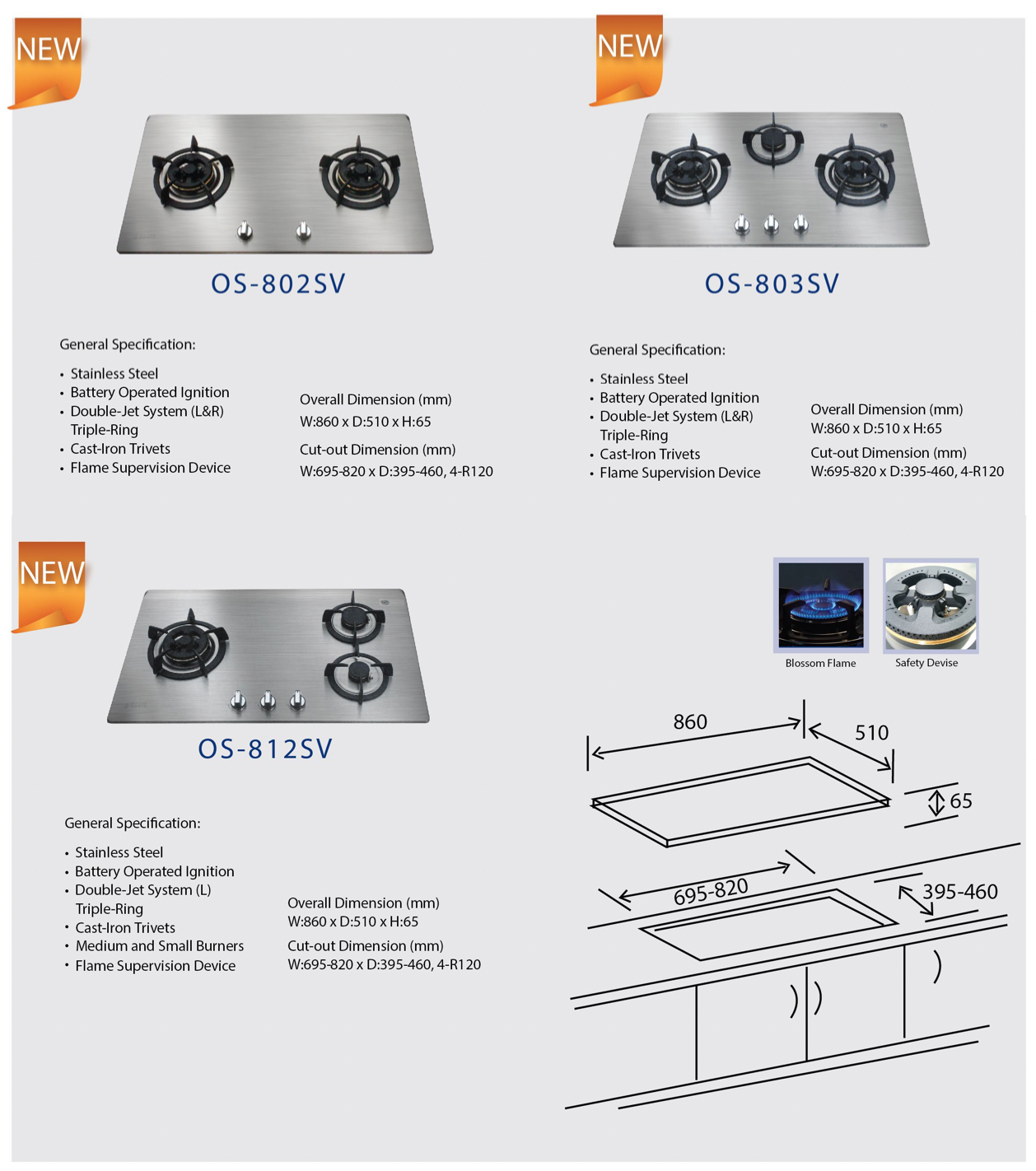 ELLANE OS-803SV Stainless Steel 3 Burner Hob (PUB/LPG Gas)