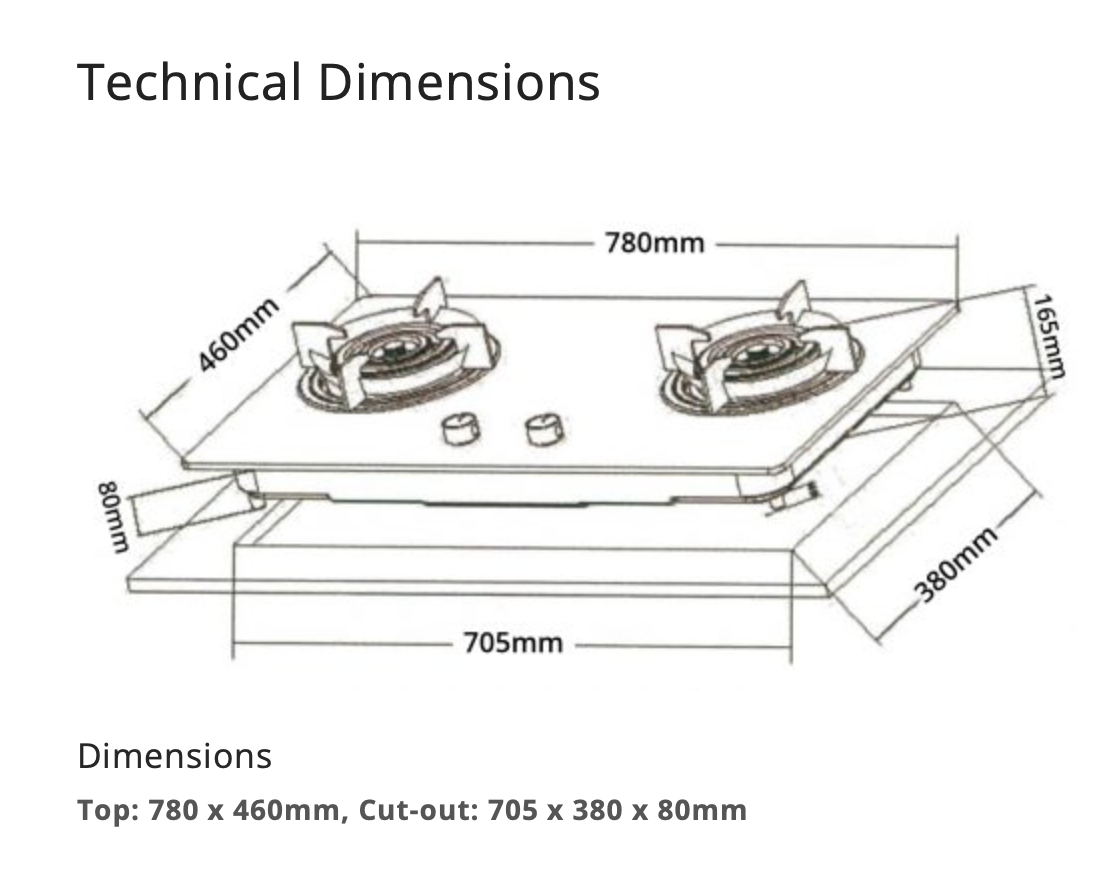 TECNO T 278TGTRSV 2-Burner 78cm Glass Cooker Hob (Gas) with True Triple Ring Burners