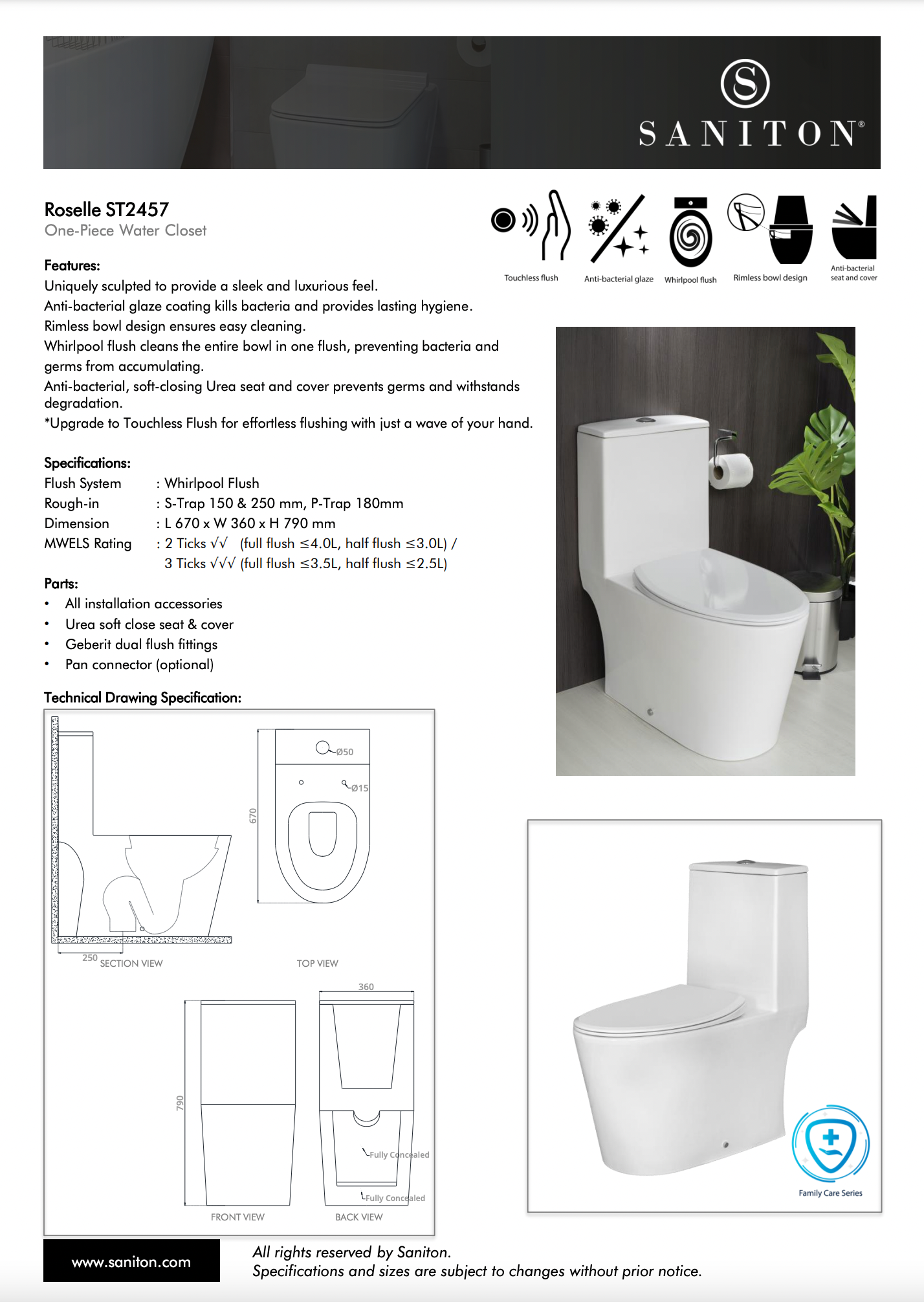 SANITON ROSELLE ST2457 One Piece Toilet Bowl