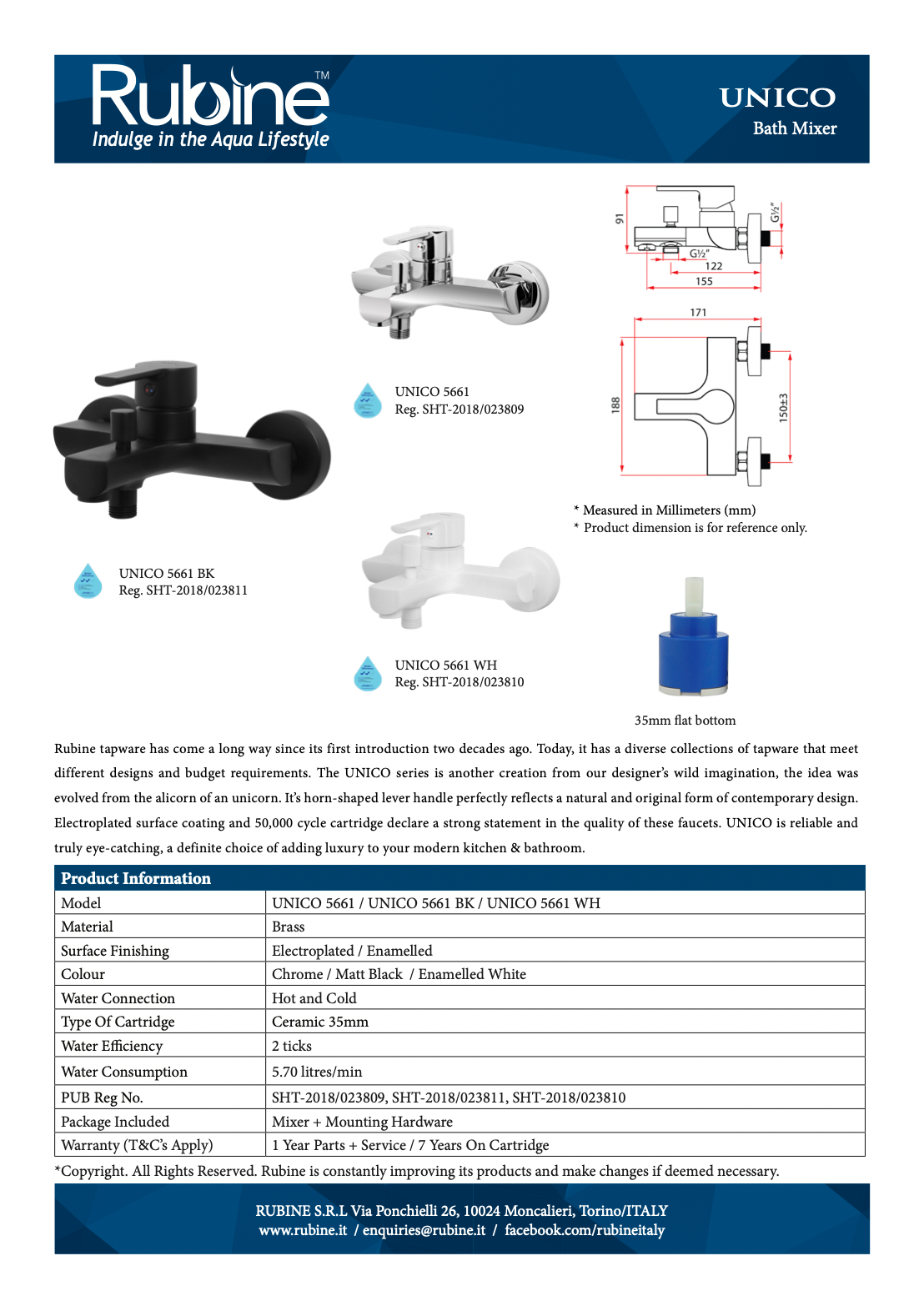 RUBINE UNICO 5661/5661 BK/5661 WH Bath Mixer