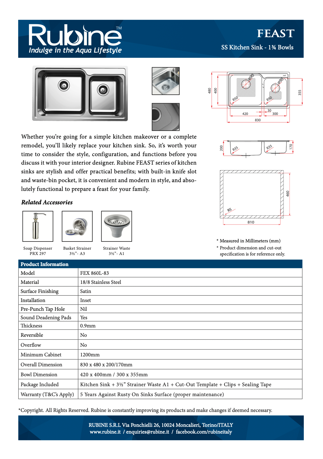 RUBINE FEX 860L-83 Kitchen Sink