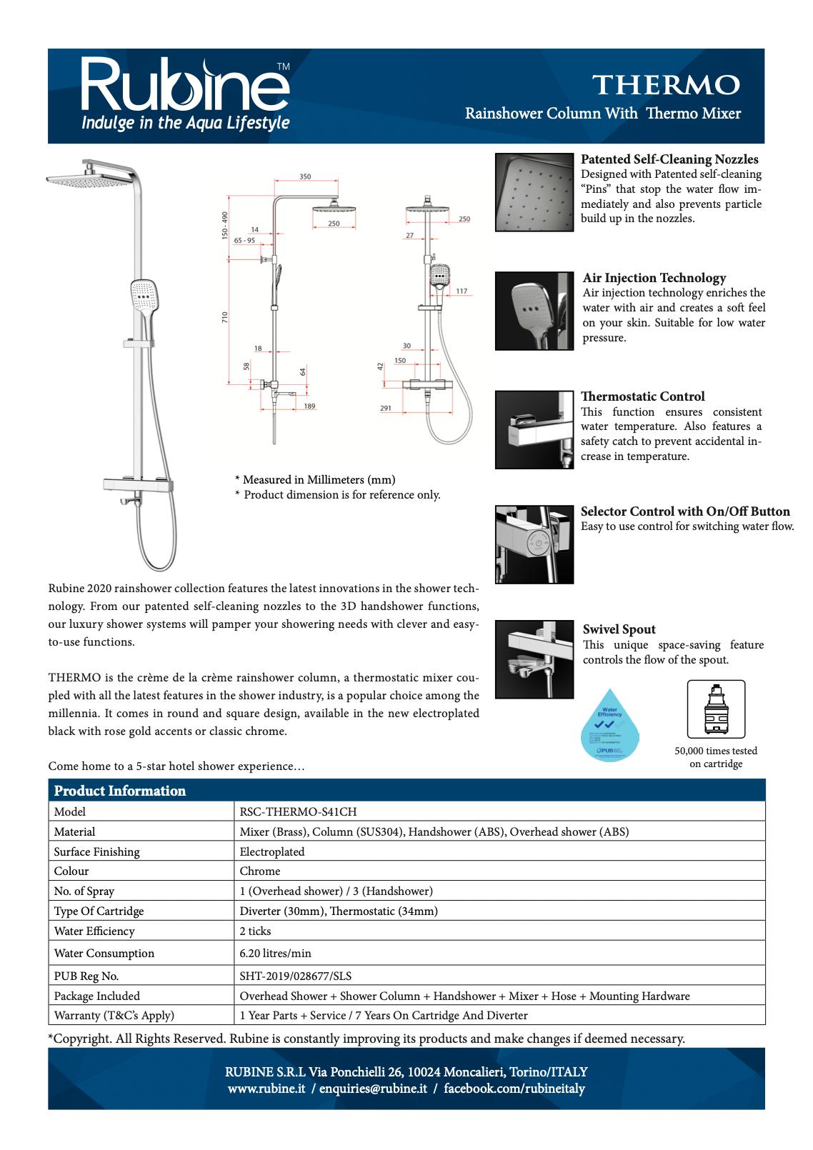 RUBINE RSC-THERMO-S41CH / RSC-THERMO-S41BK Square Thermostatic Control Rain Shower Set