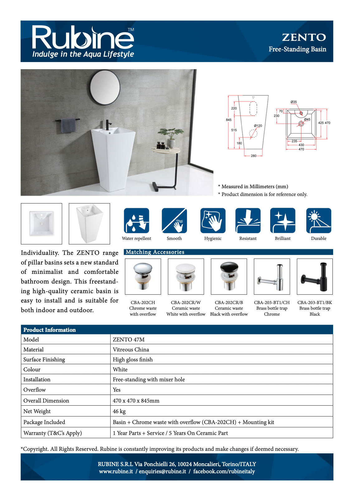 RUBINE ZENTO 47M Free Standing Basin (Ceramic)